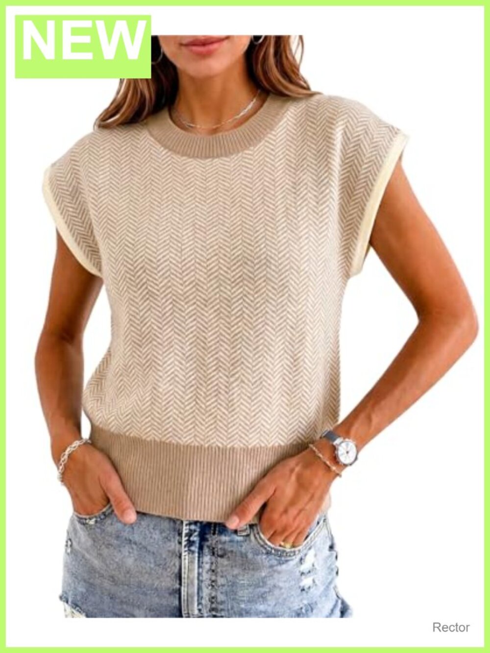 Cap Sleeve Sweater Vest Color Block Knit Crop Top Herringbone